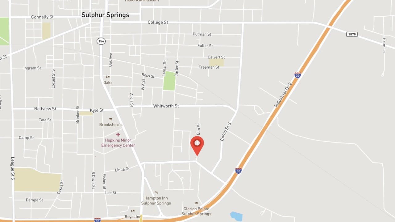 map of Texas Barrel Supply warehouse at 1216 Elm St. Sulphur Springs Texas 75482